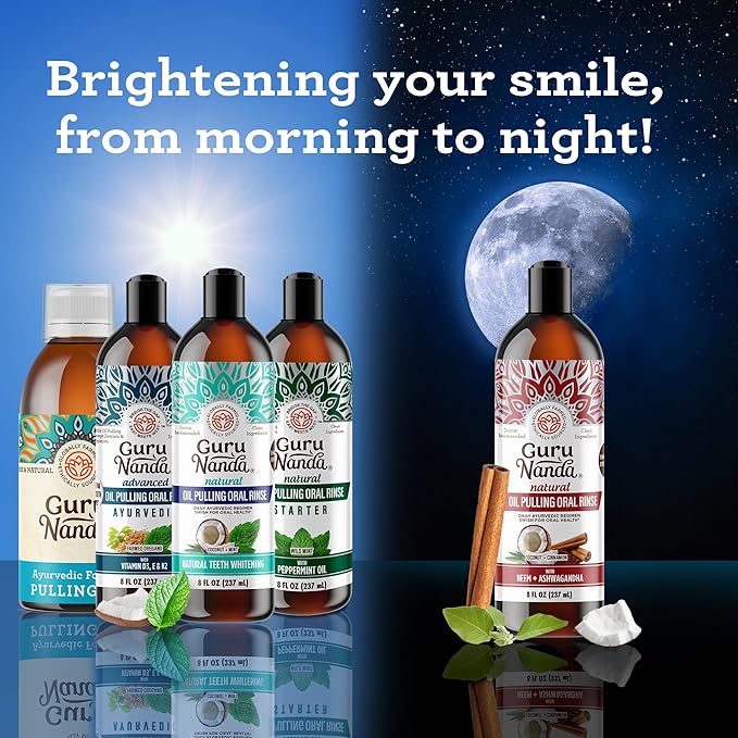 GuruNanda Starter Pulling Oil Mouthwash for Natural Teeth Whitening, Coconut and Peppermint Oil for Fresh Breath & Happy Gums, with Tongue Scraper, Alcohol-Free, 2X8 Oz (Pack of 2)