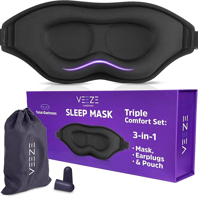 VEEZE Luxury Sleep Mask for Sleep - Soft Sleeping Mask – Eye Mask for Sleep Adjustable Elastic Velcro Strap - Sleep Masks for Women & Men - Eye Covers for Sleeping - Blackout Eye Mask for Sleeping
