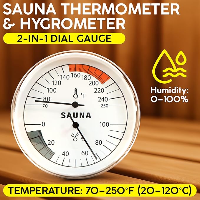Sauna Thermometer and Hygrometer, Mechanical Humidity and Temperature Gauge, Aluminum Frame Wall Mounted for All Saunas, Sauna Accessories, Range 70–250°F (20–120 °C), 0–100% RH