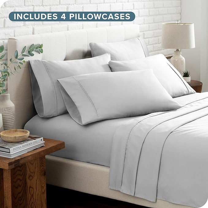 Bare Home Hotel Luxury Sheet Set, Extra Soft - 7 Piece Set - Deep Pockets - Easy Fit - Cooling & Breathable - Wrinkle, Fade, Stain Resistant - Includes 4 Pillowcases (Split Cal King, Cloud Grey)
