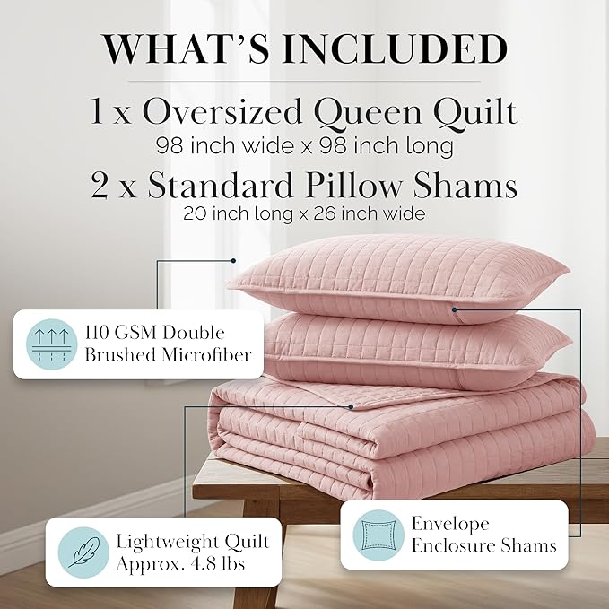 Southshore Fine Living, Inc. Stitched Pink Queen Quilt Bedding Set, Oversized Quilts Queen Size/Full, Pet Hair Resistant Bedding, Soft Cozy Bedspread, Full Size Coverlet, 2 Pillow Shams, Pastel Pink