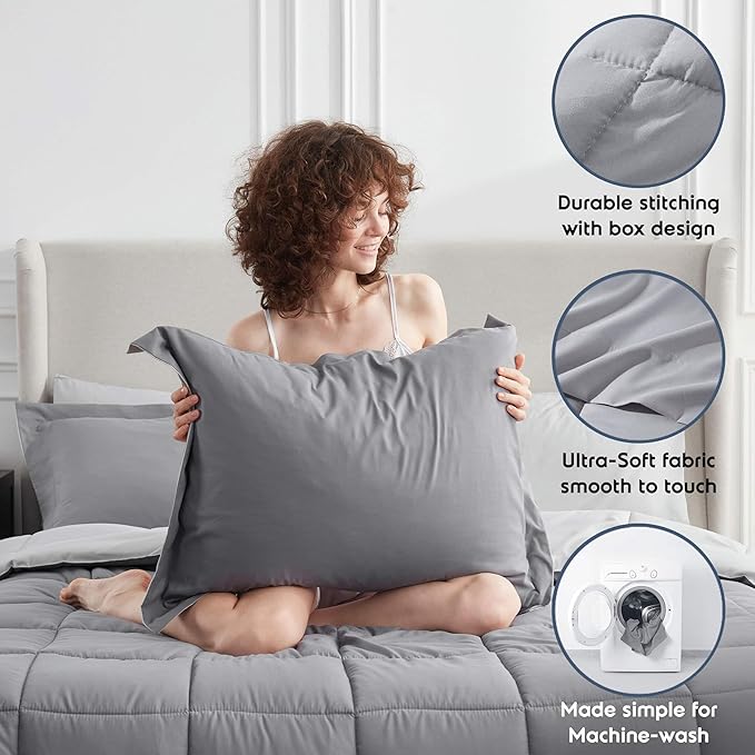 Nestl 9 Piece Queen Comforter Set – Grey Reversible Bed in a Bag – Complete Queen Size Bedding Set with Sheets, Set of 2 Cooling Pillows, Pillowcases and Shams