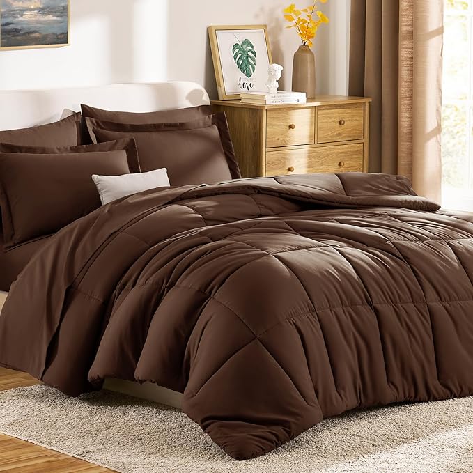 CozyLux Oversized King Comforter Sets Brown, 7 Pieces Bed in a Bag, 120x98 Box Stitched Design Bedding Set, All Season Soft Bed Set with Down Alternative Comforter, Sheets, Pillowcases & Shams