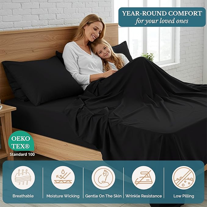 Casa Platino California King Sheets, 4 Piece Set, Pre-Washed Ultra Soft Bed Sheets Set, Brushed Microfiber Bedding Sets, Size Sheet with 15 inch Deep Pockets - Black