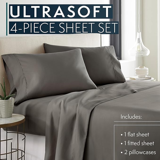 HC COLLECTION Bed Sheets Cal King, Hotel Luxury Platinum 1800 Series Brushed Microfiber Flat Sheet Deep Pocket Fitted Sheet and 2 Envelope Pillowcases, Ultra Soft 4 Pcs Bedding for Hot Sleepers, Gray