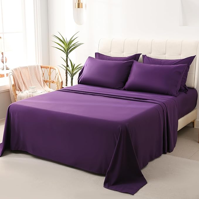 DOWNCOOL Queen Comforter Set, 7Pcs Bedding Sets Queen Dark Purple, All Season Down Alternative Bed in a Bag Queen with Comforter, Flat Sheet, Fitted Sheet, 2 Pillow Shams & 2 Pillowcases