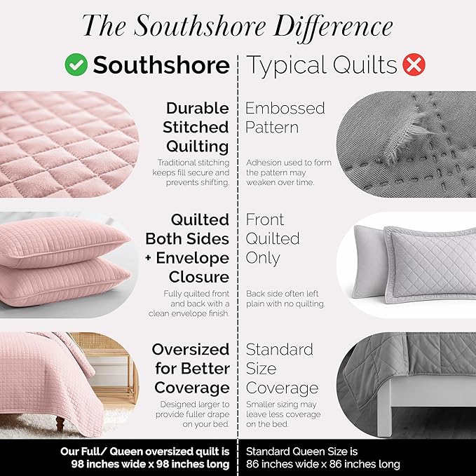 Southshore Fine Living, Inc. Stitched Pink Queen Quilt Bedding Set, Oversized Quilts Queen Size/Full, Pet Hair Resistant Bedding, Soft Cozy Bedspread, Full Size Coverlet, 2 Pillow Shams, Pastel Pink