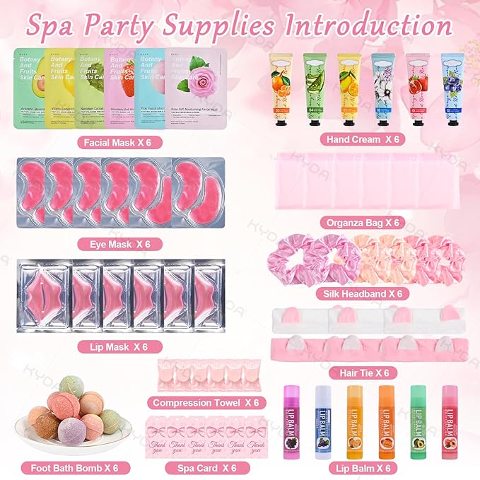 KYDA 66PCS SPA Party Supplies for Women, Include Face Masks, Hand Cream, Lip Balm, Under Eye Patches, Lip Mask, Foot Bath Bomb, Hair Tie and Hair Band, Spa Birthday Sleepover Party Supplies for Girls