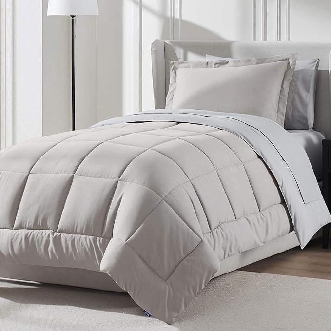 Nestl 7 Piece Twin XL Comforter Set – Linen Reversible Bed in a Bag – Complete Twin XL Size Bedding Set with Sheets, Set of 2 Down Alternative Pillows, Pillowcase and Sham