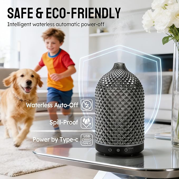 Essential Oil Diffuser 150ml,Glass Aromatherapy Diffuser with Ultrasonic Cool Mist, 7 Color LED Lights, 1/2/4H Timer, Quiet Auto Shut-Off Oil Diffuser for Bedroom, Home, Office (Black)