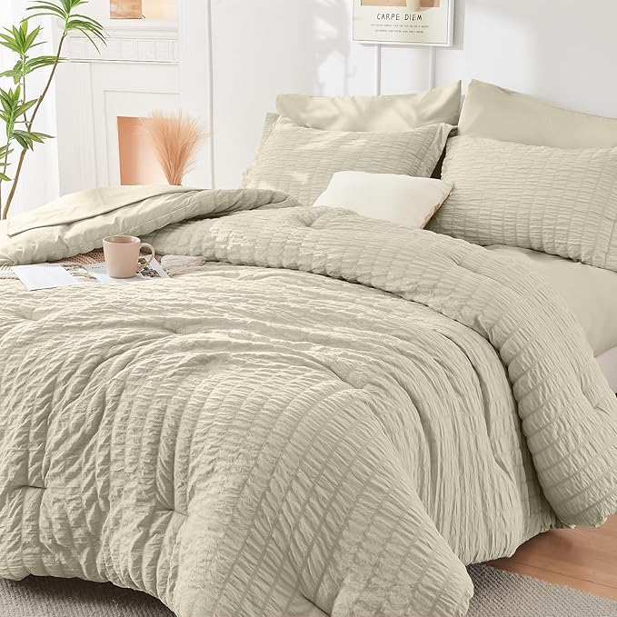 HYMOKEGE Light Linen Full Size Comforter Sets Seersucker 7 Pieces, All Season Luxury Bed in a Bag for Bedroom, Bedding Set with Comforter, Sheets, Pillowcases & Shams