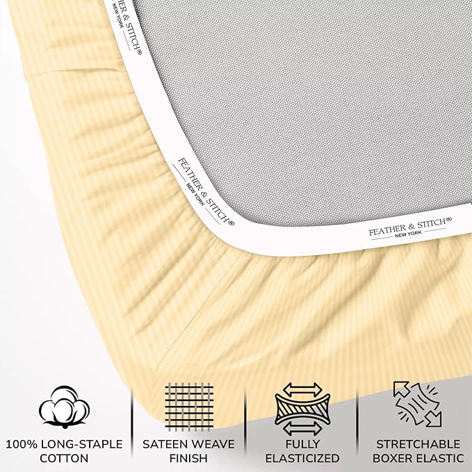 Feather & Stitch 500 TC Queen Size Damask Bed Sheet Set, 100% Cotton Soft Breathable Bedsheets, 4 Piece 18" Deep Pockets Sateen Weave Striped Bedding Mattress Resort Hotel Luxury - (Semolina Stripe)