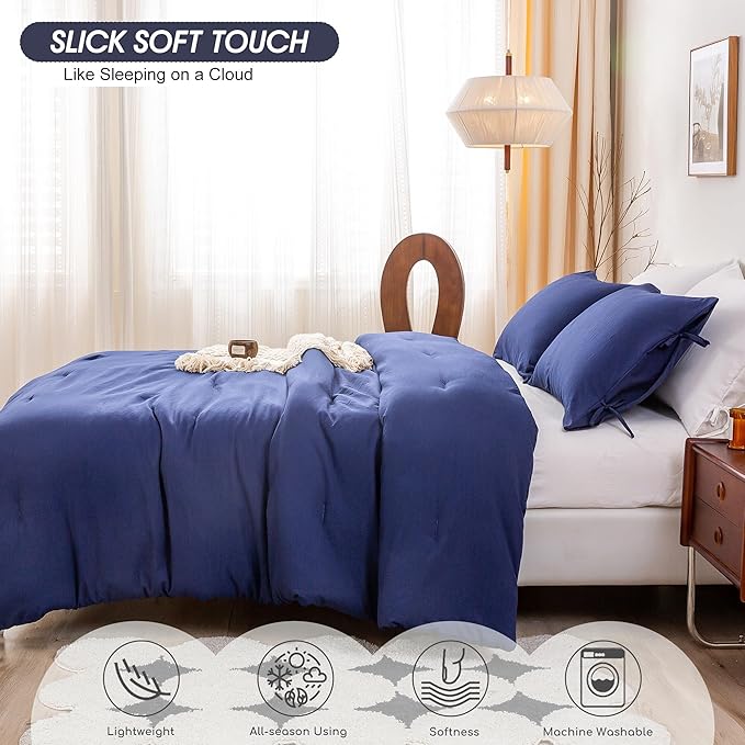 Softness Comforter Set for Boys Girl Teen Children Dorm, Comfy Cozy Polycotton Fabric, 1 Down Alternative Blanket Comforter & 1 Pillowcase, Lightweight All Season Use, Navy Blue Twin/Twin XL