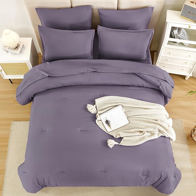 Litanika Queen Comforter Set Grey Purple - 7 Pieces Bed in a Bag Queen Bedding Comforter Sets, Solid Lightweight Bed Set with Comforter, Sheets, Pillowcases & Shams