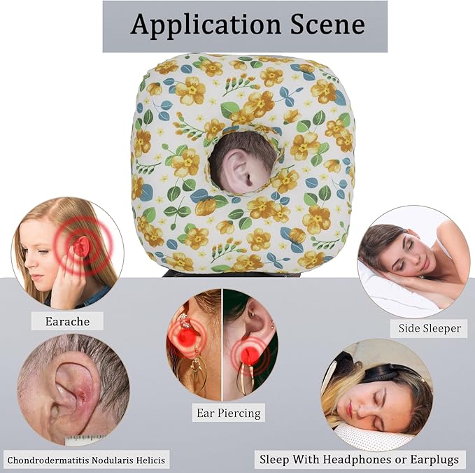 Ear Piercing Pillow for Side Sleepers, Pillow with an Ear Hole for CNH and Ear Pain Ear Inflammation Pressure Sores, O-Shaped Side Sleeping Pillow, Ear Guard Pillow (Yellow Flowers)