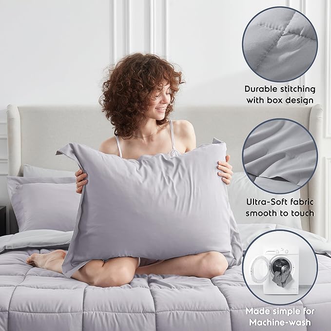 Nestl 9 Piece King Comforter Set – Grey Lavender Reversible Bed in a Bag – Complete King Size Bedding Set with Sheets, Set of 2 Down Alternative Pillows, Pillowcases and Shams