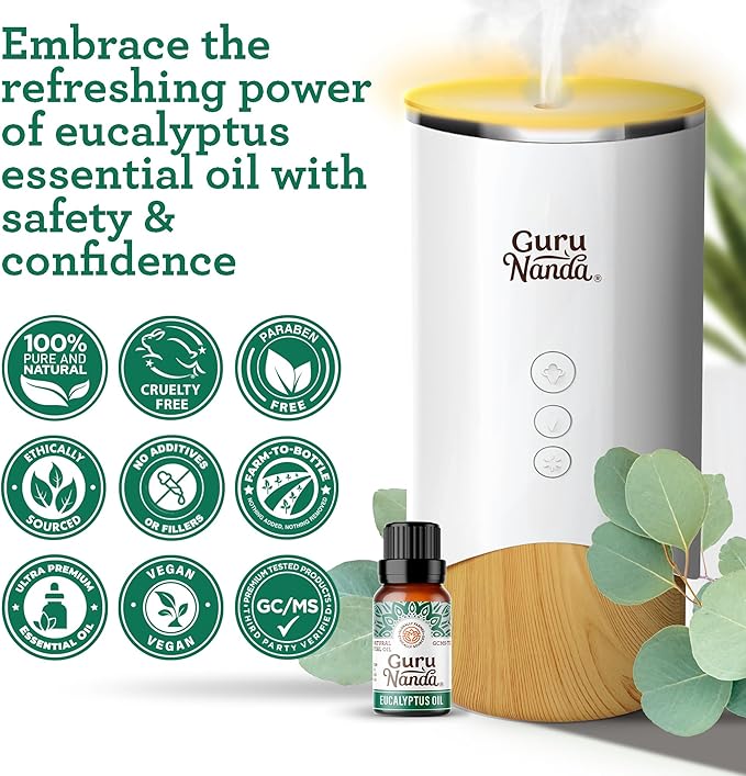 GuruNanda Eucalyptus Essential Oil -100% Pure, Natural and Undiluted Aromatherapy Oil for Diffusers - Enhances Your Breathing Space - Perfect for Massages (2X0.5 Fl Oz)