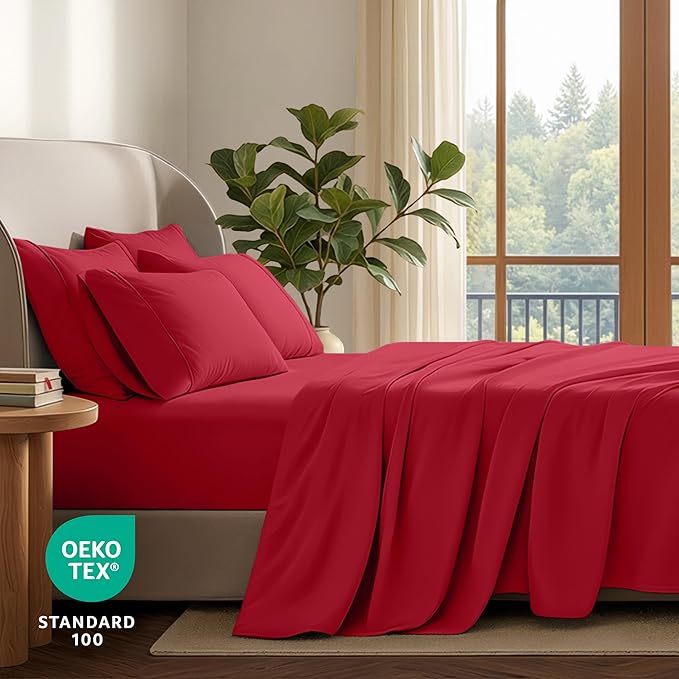 Bare Home Hotel Luxury King Sheet Set, Extra Soft - 6 Piece Set - Deep Pockets - Easy Fit - Cooling & Breathable - Wrinkle, Fade, Stain Resistant - Includes 4 Pillowcases (King, Red)