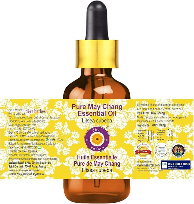 Deve Herbes Pure May Chang Essential Oil (Litsea cubeba) with Glass Dropper Steam Distilled 50ml (1.69 oz)
