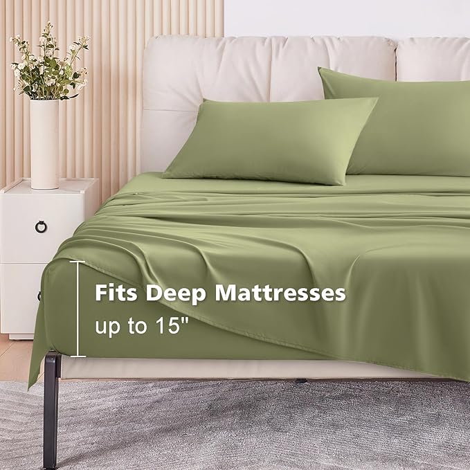 Cal King Size 4 Piece Sheet Set - Comfy Breathable & Cooling Bed Sheets Set, Soft and Wrinkle Free, Deep Pockets, Easy & Secure Fit, Hotel Luxury Bedding for Women, Men - Oeko-Tex - Olive