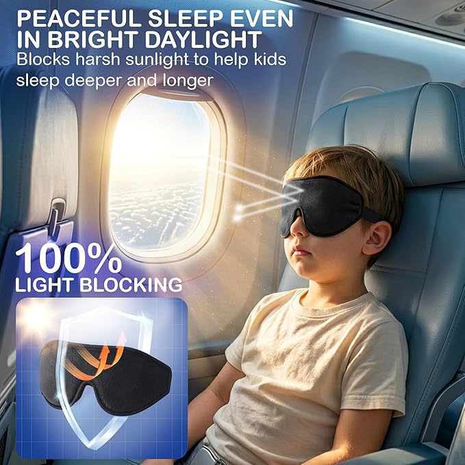 3D Sleep Mask for Kids, Light Block Sleeping Blindfold Memory Foam Contoured Eye Mask for Sleep, Adjustable Strap Eye Cover and Travel Sleep Mask for Boys Girls, Black