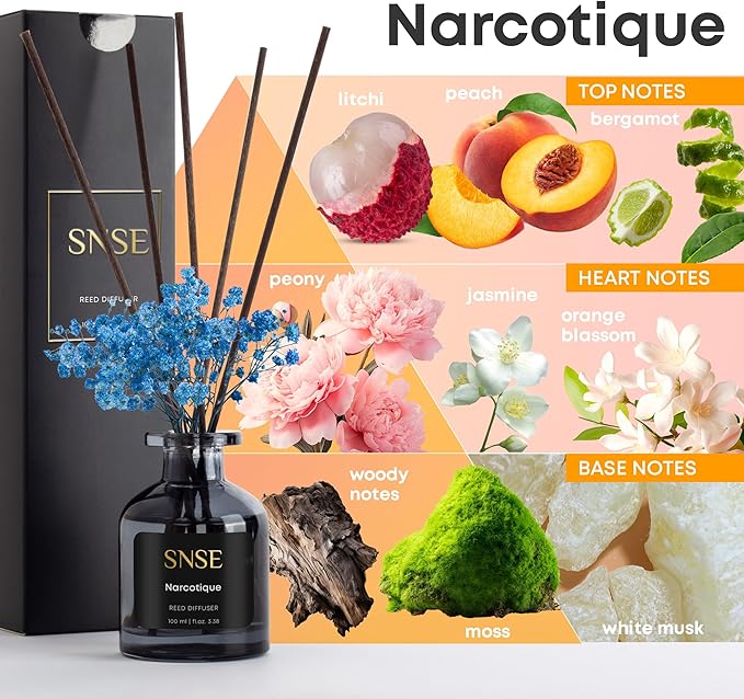 SNSE Narcotique with Flowers Perfumed Reed Diffuser Set | 3.38 oz Scent Fragrance Oil Diffuser for Bedroom, Bathroom, Home Décor and Gift, Decorative Air Fresheners with Sticks