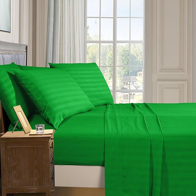 Elegant Comfort Softest and Coziest 6-Piece Sheet Set - 1500 Premium Hotel Quality Microfiber - Deep Pocket, Wrinkle Resistant 6-Piece Damask Stripe Bed Sheet Set, King, Emerald Gren