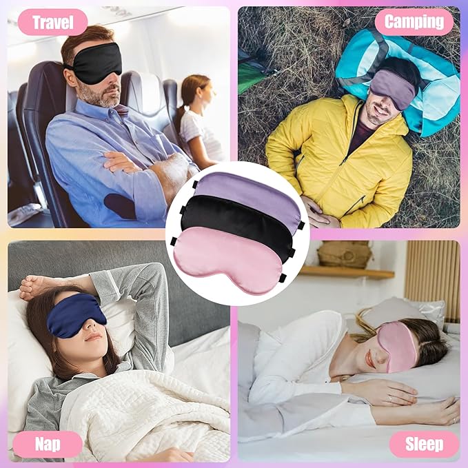 6 Pack Silk Sleep Mask,Silk Eye Mask for Sleeping,Soft Satin Blackout Eye Masks for Women Men,Blindfold Eyeshade for Night Sleep Travel(Black+Pink+Purple)