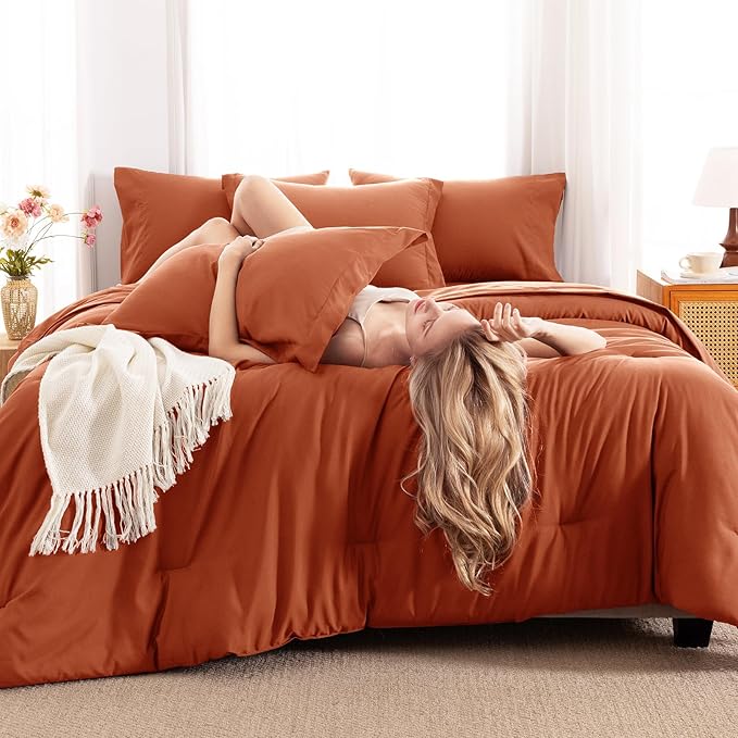 CozyLux Queen Comforter Set Burnt Orange, 7 Pieces Bed in a Bag Queen Size Comforter Set with Sheets, Terracotta Bedding Sets with Down Alternative Comforter, Sheets, Pillow Shams and Pillowcases