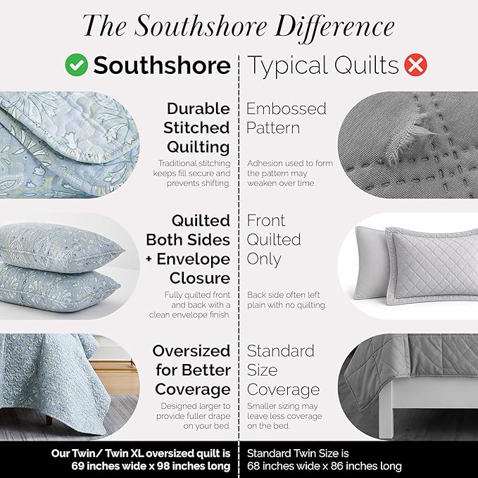 Southshore Fine Living, Inc. Twin XL Comforter Quilt Set, Dorm Bedding Essentials, Stain Resistant, Machine Washable Paisley Boho Bed Spread, Twin XL Quilt Bedspread Set w/Pillow Sham, Blue Paisley