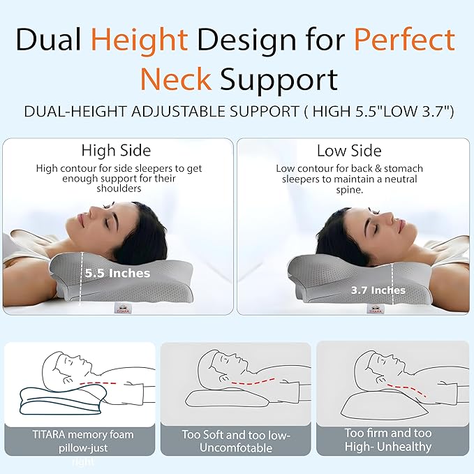 Cervical Neck Pillow for Pain Relief, Memory Foam Contour Pillow Dual Height 5.5/3.7 for Neck Shoulder Support – Ergonomic Orthopedic Cooling Pillow Side Back Stomach Sleepers Arm Support