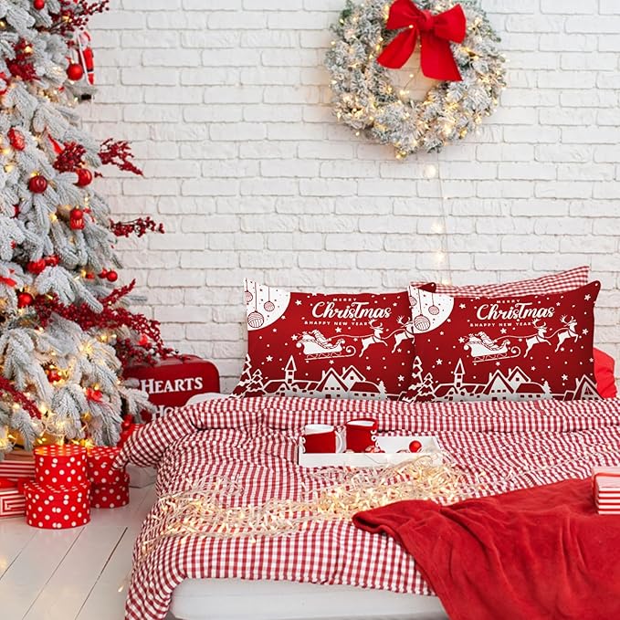 YIYEA Christmas Pillow Cases Queen Size Set of 2, Ultra Soft Double Brushed Microfiber Pillowcases Queen, Christmas Bed Pillow Covers, Fade Resistant, Easy Slip-On (20"x30")