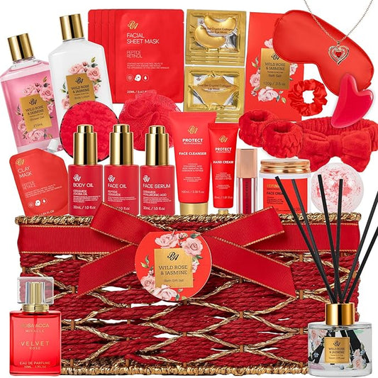 35 Pcs Mothers Day Gifts Baskets for Mom, Red Rose Bath and Body Basket Gift for Women, Face Skin Care Kit, Home Spa Self Care Basket, Diffuser, Necklace, Birthday, Christmas, Anniversary, Wife