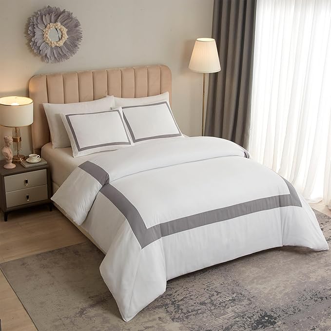 OSVINO Queen Duvet Cover Set - Hotel Style Grey Line Pattern Microfiber Bedding, 3 Pieces with Pillowcases, Soft Breathable with Zipper Closure, Cooling Feel, Wrinkle Resistant, Comforter Not Included