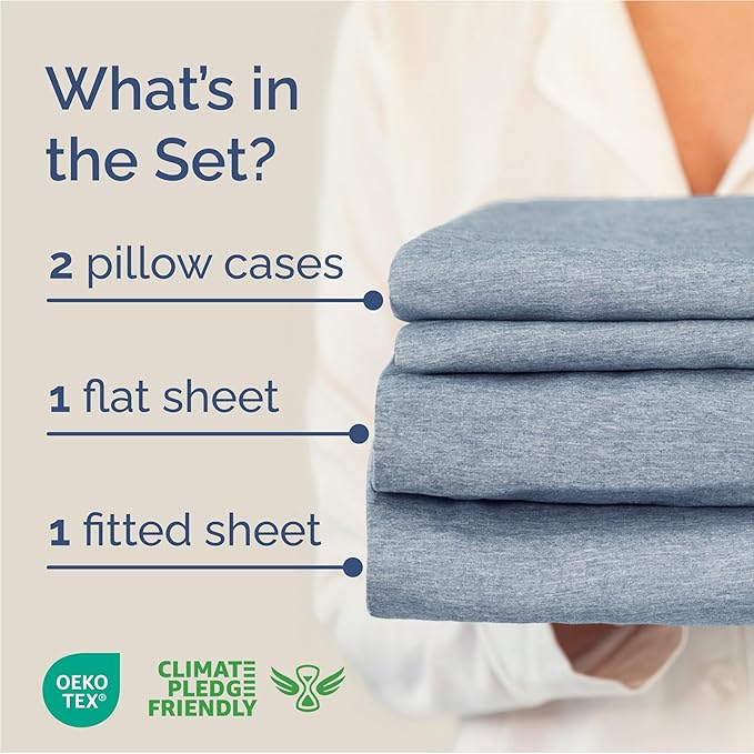 Full Size 4 Piece Sheet Set - Comfy Breathable & Cooling Sheets - Hotel Luxury Bed Sheets for Women & Men - Deep Pockets, Easy-Fit, Soft & Wrinkle Free Sheets - Heathered Blue Oeko-Tex Bed Sheet Set