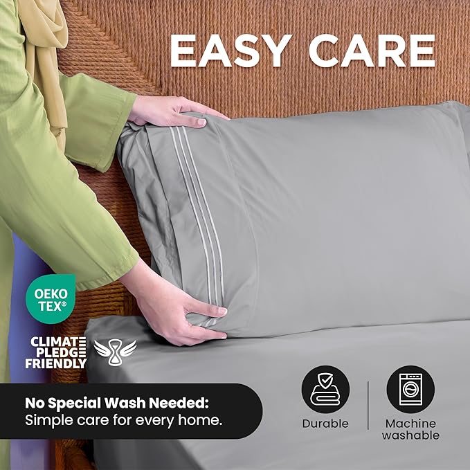 ROYALE LINENS 4 Piece King Sheets Set - Soft Brushed 1800 Microfiber Bedding - 1 Fitted and 1 Flat Sheet, 2 Pillow Cases - Wrinkle Free & Fade Resistant - Hotel Luxury Bed Sheets Set (Silver, King)