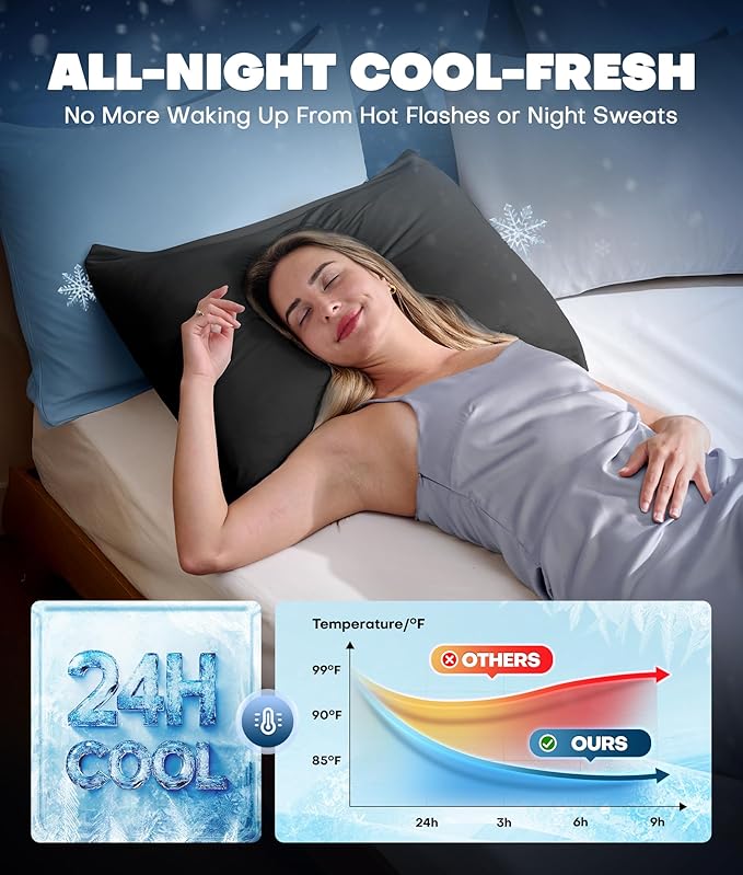 Ultra-Chill Cooling Pillowcase Set of 2 for Hot Sleepers, Softer Than Silk Pillow Cases for Protecting Hair & Skin, Breathable Bed Pillow Covers w/Zipper, Gifts for Women Men (Black, Queen)