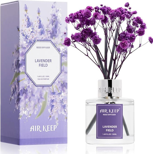 Airkeep Reed Diffuser Set,1.69 fl oz (50 ml) - Lavender Field Oil Diffusers with 8 Reed Sticks,Home Fragrance Reed Diffuser for Bathroom Shelf Decor