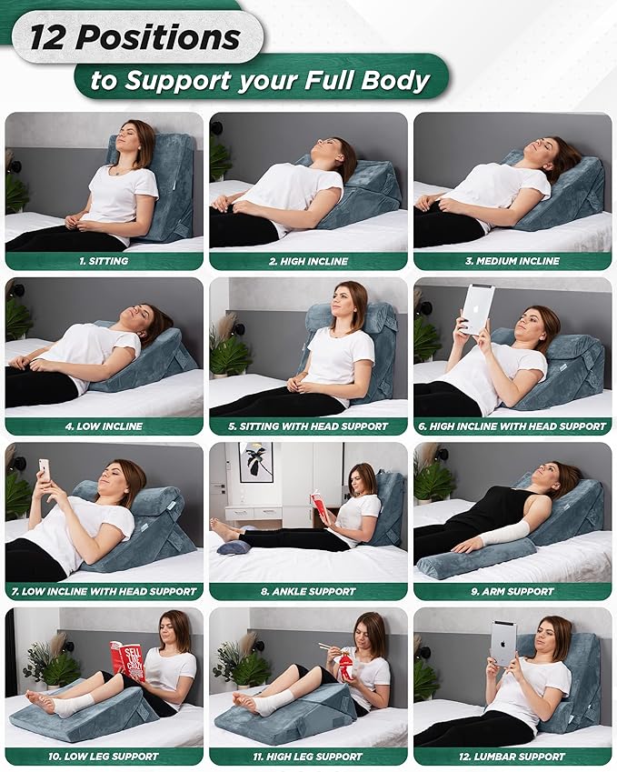Lunix LX6 3-Piece Compact Support for Reading, Rest & Leg Elevation, Premium Odor-Free Orthopedic Bed Wedge Pillow Set, Memory Foam, Washable Cover, Stone Navy with Aloe Vera