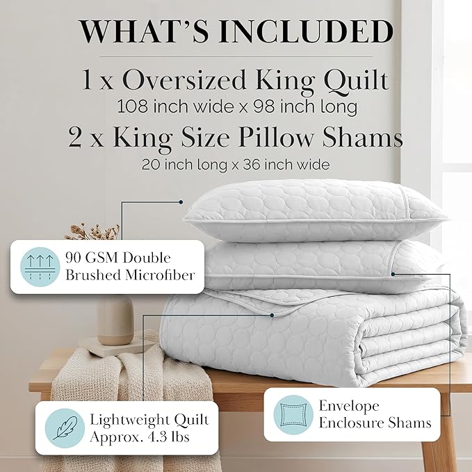 Southshore Fine Living, Inc. King Size White Quilt Bedding Set with 2 Pillow Shams, Quilted Summer Comforter, King Size, Light Weight Bedspread, California/King Quilt Coverlet, Bright White