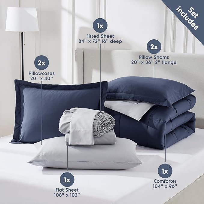 Nestl 9 Piece California King Comforter Set – Navy Reversible Bed in a Bag – Complete Cal King Size Bedding Set with Sheets, Set of 2 Down Alternative Pillows, Pillowcases and Shams