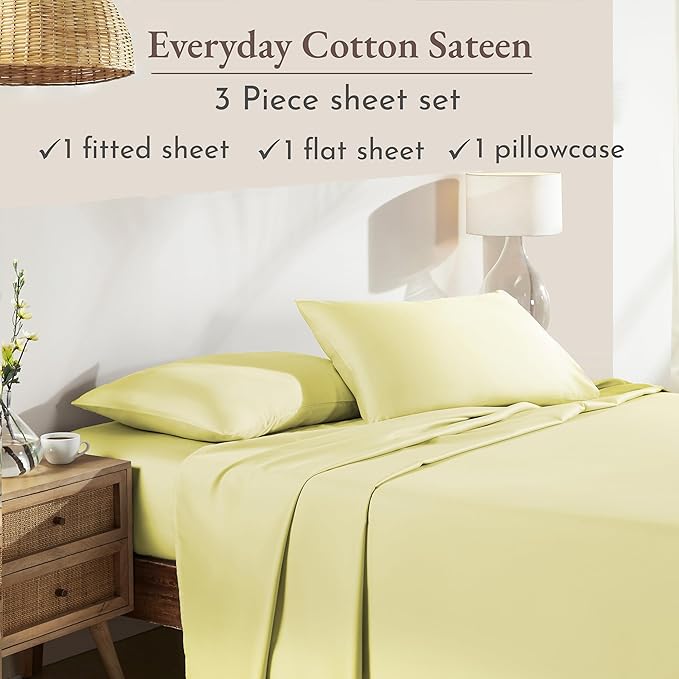 California Design Den Twin XL Bed Sheets Set - Natural 100% Cotton Sheets with 12" Pockets, Soft Sateen Weave, Breathable and Durable Bedding Set for Dorm Rooms, College (Butter)