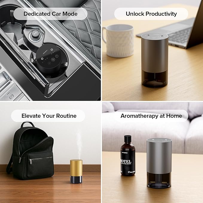 Waterless Diffusers with Dual Nozzle for Essential Oils Mini Scent Air Machine with 5 Timer Settings, 4 Mist Levels with Vehicle Mode for Car Home Room Studio Office, Metal Desert Titanium