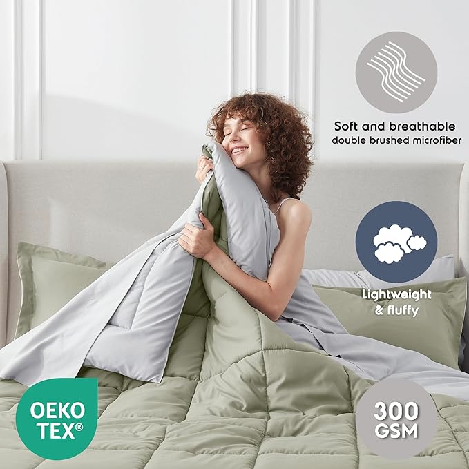 Nestl 9 Piece California King Comforter Set – Light Sage Reversible Bed in a Bag – Complete Cal King Size Bedding Set with Sheets, Set of 2 Down Alternative Pillows, Pillowcases and Shams