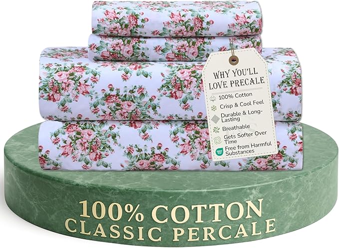Feather & Stitch Softest 100% Cotton Sheets, 300 Thread Count Percale Weave Bedding, 16" Deep Pocket, Cooling Sheets, Breathable Bed Set, Hotel Premium Quality (Queen, Floral)
