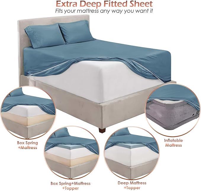 Nestl California King Size Sheet Set, 4 Piece Extra Deep Pocket (18-24 inches), Microfiber, Hotel Luxury, Soft, Breathable, Wrinkle-Free, Easy to Care, Stone Blue