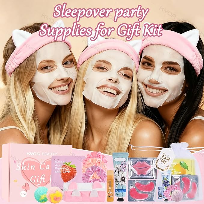 KYDA 132PCS SPA Party Supplies for Women, Include Face Masks, Hand Cream, Lip Balm, Under Eye Patches, Lip Mask, Foot Bath Bomb, Hair Tie and Hair Band, Spa Birthday Sleepover Party Supplies for Girl