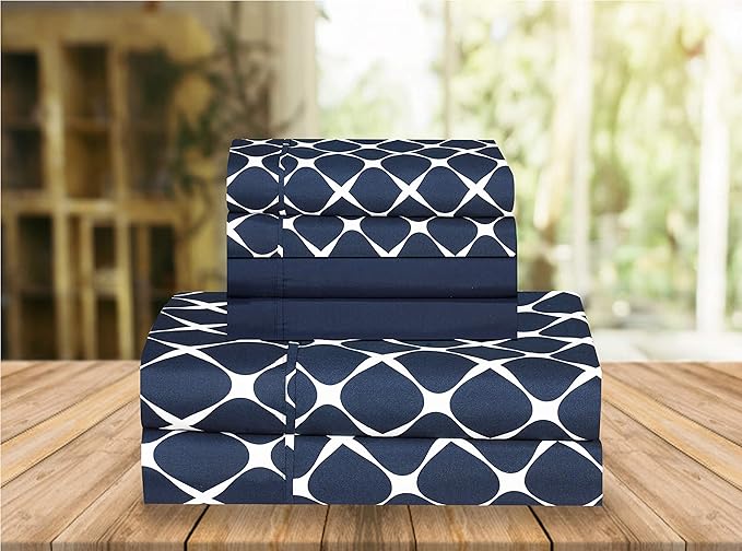 Elegant Comfort Luxury Soft Bed Sheets Bloomingdale Pattern - 1500 Premium Hotel Quality Microfiber Softness Wrinkle and Fade Resistant (6-Piece) Bedding Set, King, Navy Blue
