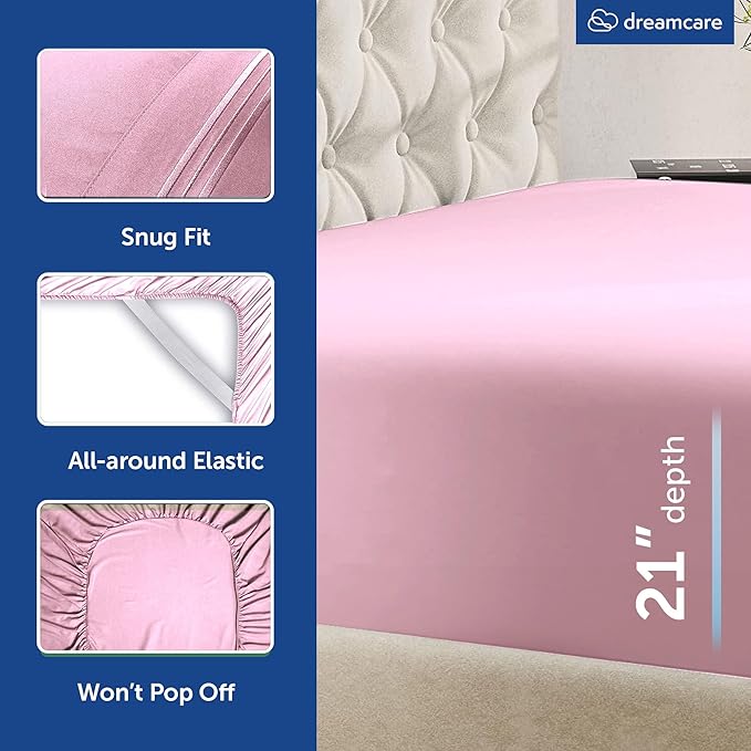 DREAMCARE Queen Sheet Set - 6 pcs Breathable Cooling Bed Sheets - up to 21" Extra Deep Pocket Queen Sheets Set with Side Pockets - Extra Soft 100% Brushed Hypoallergenic Hotel Luxury Bedding - Pink