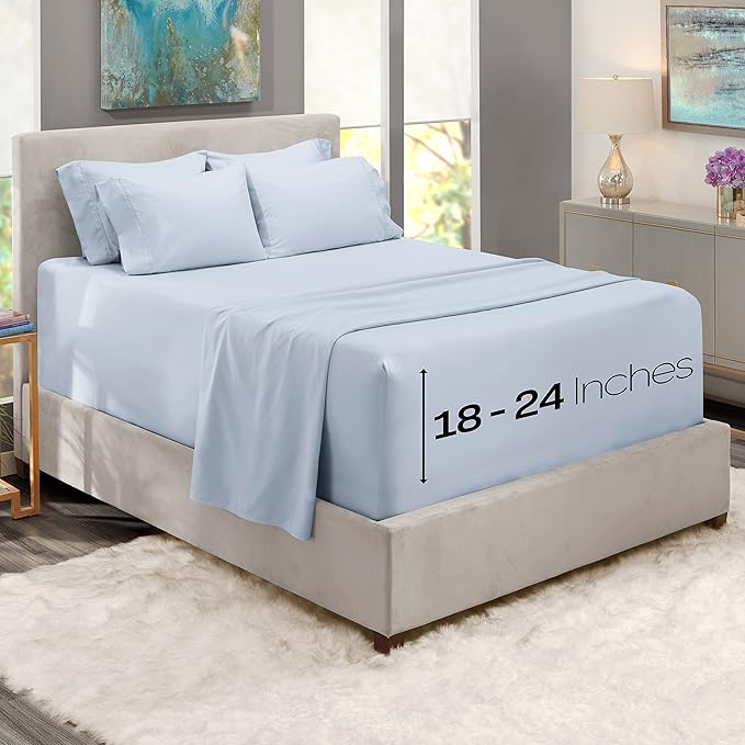 Hearth & Harbor Extra Deep Pocket Sheets - Fits Mattress 18-24 Inches Deep - Extra Deep Pocket Twin Sheets Sets - 4 Piece Twin Size - Ice Blue